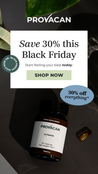 A high-contrast vertical ad featuring a supplement bottle and capsule with a clear, direct incentive for a holiday sale.